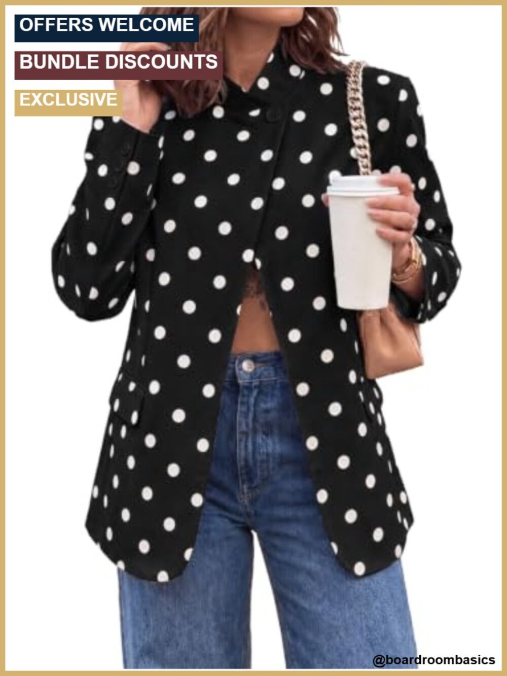 Polka Dot Blazer for Women Business Casual Lightweight Jacket with Stand Collar